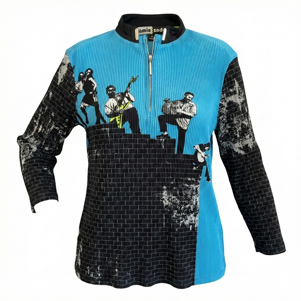 Jamie Sadock Golf Top XS Blue Rock Band Music Graphic Print Crinkle 1/4 Zip